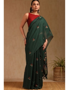 Sari KV para Mujer, Verde, con Estampado Chanderi Pichwai y Blusa sin Coser - Product Image 1
