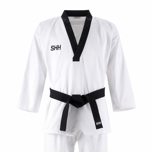 Uniforme de Taekwondo SHH, Dobok Elástico de Algodón Blanco para Adultos Unisex, Ropa de Artes Marciales con Cinturón Negro y Logotipo Frontal - Product Image 1