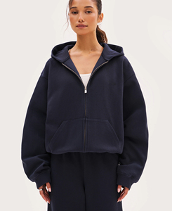 Nueva Sudadera con Capucha y Cremallera Oversize para Mujer, Estilo Urbano, Color Azul Marino Sólido, Forro Polar de Algodón, Hombros Caídos, Manga Larga, Estilo Otoñal - Product Image 3
