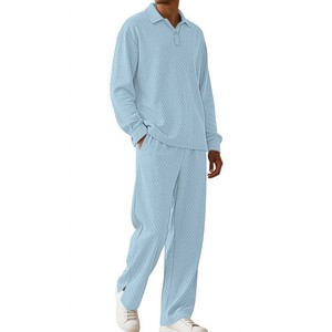 <b>Men's</b> Light Blue Solid Color Long Sleeve <b>Pajama</b> <b>Set</b> Button Up Collar Full Length Cotton Breathable Casual Regular Fit OEM ODM - Product Image 1