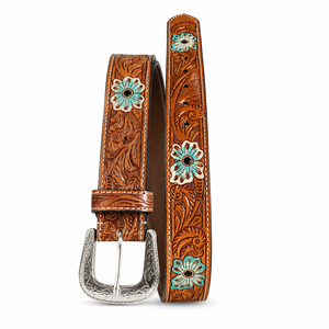Premium Hand <b>Tooled</b> Genuine Leather <b>Belt</b> for Men Floral Carved <b>Belt</b> with Turquoise Concho Accents - Product Image 2