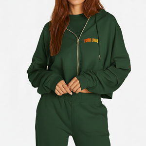 Sudadera con capucha y cremallera de manga larga con hombros caídos, hecha a medida, para mujer, 100% algodón, forro polar ligero, lavado ácido y a la piedra - Product Image 1
