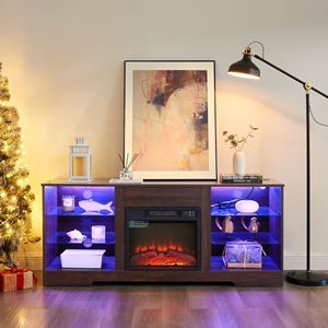 Customizable Modern TV <b>Stand</b> Electric Fireplace 3D LED Lights Glass <b>Shelves</b> Wood USB Charging Outlet Contemporary Television - Product Image 2