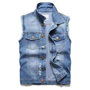 Hot Sale <b>Men's</b> Denim Vest Denim Jeans Regular Sleeveless Blue Single Button Breathable Compression 100% Cotton Denim Vest - Product Image 1