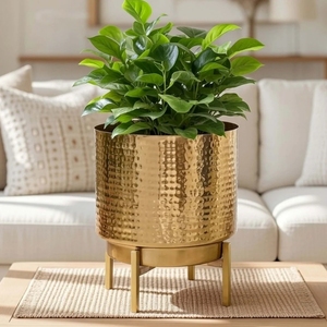 Premium Hand-Hammered Gold Metal Planter Pot with Elevated Brass Finish Metal <b>Stand</b> – Luxury Indoor Container Holder For <b>Plants</b> - Product Image 1
