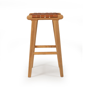<b>Woven</b> Leather Bar <b>Stool</b> Wooden Counter Height <b>Stool</b> Metal Free Backless Seating for Hotel Restaurant Dining Room - Product Image 1