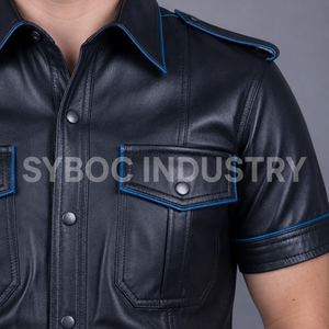 เสื้อเชิ้ตหนังสีดำ แขนยาวและแขนสั้น สีขาว เหลือง น้ำเงิน แต่งแถบตัดสีที่ไหล่ มีกระเป๋าคู่ เสื้อสำหรับผู้ชายใส่ไปงานปาร์ตี้ - Product Image 4