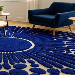 Alfombra circular con diseño geométrico azul, suave, de lana, hecha a mano, moderna, para sala de estar, dormitorio, alfombra decorativa de lujo para el hogar - Product Image 1