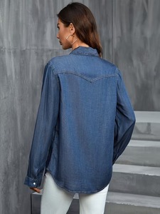 Camisa vaquera unisex con nudo, informal, de manga larga, a la moda, con botones, lavada, de corte ajustado, estilo urbano, elegante y ligera. - Product Image 5