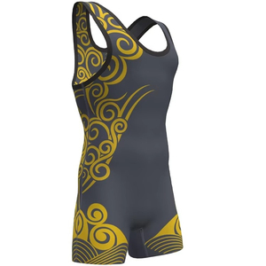 Singlet de Lucha Libre para Hombre, Color Gris Oscuro, Estampado Tribal Dorado, Ajustado, Spandex, Poliéster, 160g, Elástico, Diseño que Absorbe la Humedad, Deportes de Combate - Product Image 3