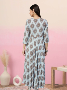 Kurta pour femme en rayonne bleue, imprimé Buta, style Angrakha, avec col en V, manches trois-quarts, vêtement ethnique décontracté de style mondial - Product Image 4