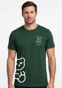 ONETEN APPAREL เสื้อยืดแขนสั้นผู้ชายสีเขียวพิมพ์ลายการ์ตูนหมีเสื้อยืดคอกลมลำลอง - Product Image 1