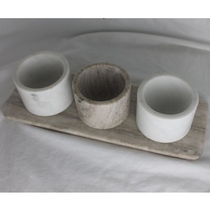 Natural Marble Bowl Set with Wooden Base Three Cup Condiment Holder Salt <b>Spice</b> Server with Spoon Modern Kitchen Tabletop Decor - Product Image 3
