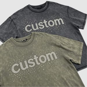 เสื้อยืดสตรีทแวร์ผู้ชายสไตล์วินเทจ ล้างสีแบบแอซิด ประดับเพชร ปักโลโก้ตามสั่ง แบบวิบวับ ขายส่ง - Product Image 6