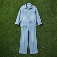 Ensemble chemise en jean bleu clair et jean à jambes larges pour femme, tenue décontractée en denim deux pièces, mode streetwear
