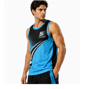 เสื้อบาสเก็ตบอลแขนกุดผู้ชายสีน้ำเงินดำ พิมพ์ลายแบบ Sublimation ระบายอากาศได้ดี รุ่นมาตรฐานสากล - Product Image 6