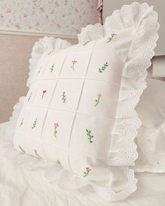 <b>White</b> Hand Embroidered Cotton Cushion Cover Ruffle Lace Trim Floral Decorative <b>Throw</b> Pillow Custom Logo Style De Maison - Product Image 3