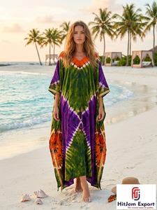 Vestido Kaftán Tie Dye HitJem para Exportación, Cuello Redondo, Manga Larga, Holgado, Largo hasta el Suelo, Estilo Bohemio, para Playa, Verano, de Gasa, para Mujer - Product Image 4