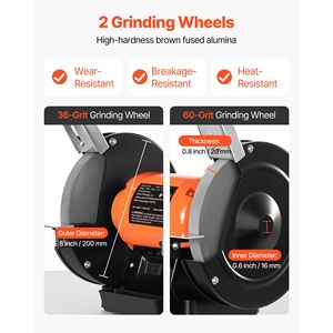 Smerigliatrice da banco monovelocità da 8 pollici ad alta velocità con motore a induzione da 3450 RPM 750W 6.2A, grana 36/60, alimentazione elettrica - Product Image 3