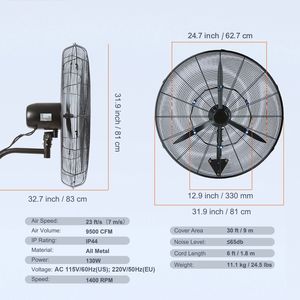 Ventilatore Commerciale a Parete da 30 Pollici con Nebulizzazione, 3 Velocità, Alta Velocità 9500 CFM, Impermeabile, Oscillante, Design Industriale per Spina AU/US - Product Image 4
