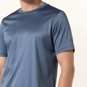 Camiseta de punto de algodón azul marino para hombre, manga corta, cuello redondo, ajuste regular, casual, de secado rápido, color liso, 180g, con logo frontal - Product Image 3