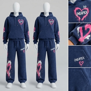 Ensemble de survêtement décontracté pour femme, bleu marine et rose, avec sweat à capuche imprimé cœur graffiti et pantalon de jogging large, tenue deux pièces - Product Image 2