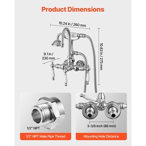 Rubinetto per vasca a piedini in cromo lucido da parete con kit doccia e doccetta, elegante set rubinetteria per bagno e doccia - Product Image 3