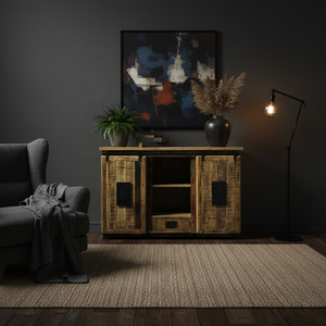 Aparador Rústico Industrial de Madera de Mango Reciclada con Puertas Corredizas de Metal, Amplio Almacenamiento, Mueble Buffet, Credenza de Madera Recuperada, Artesanos - Product Image 3