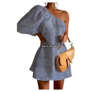 Vestido de un solo hombro con manga abullonada, sexy, con tejido irregular, estampado a mano no tejido, ¡superventas! Estilo casual de un solo hombro con manga abullonada. - Product Image 1