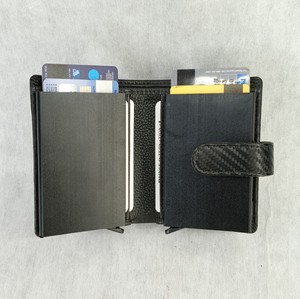 Carbon Fiber Leather Automatic Metal Popup Credit Card Holder Money <b>Wallet</b> <b>RFID</b> Button Hasp Loop Closed Men's Wholesale Prices - Product Image 4
