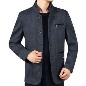 Veste d'hiver pour hommes à revers à manches longues Manteau à simple boutonnage en peluche avec fermeture éclair Poches extérieures Manteau thermique mi-long pour père- - Product Image 3