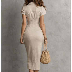 เดรสมิดิทรงเข้ารูปแบบรูชด์สุดหรูสำหรับผู้หญิง พร้อมดีไซน์ผ่าด้านหน้าและคอปกเสื้อ - Product Image 3