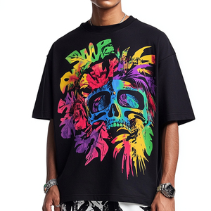 T-shirt noir surdimensionné personnalisé avec imprimé graphique floral de crâne, en coton doux, style streetwear hip-hop, mode masculine - Product Image 2