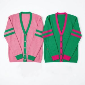 Cárdigan Bordado AKA para Mujer, Suéter de Punto con Botones Delanteros, Ribete Rosa y Verde, Ligero, Elegante, Ropa Griega para Hermandades - Product Image 2