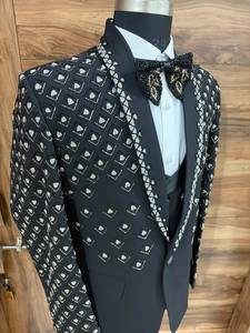 Men's Black Embroidered <b>Wedding</b> Tuxedo Suit 3 Piece <b>Shawl</b> Lapel Groom Suit with Embroidered Bow Tie Custom OEM ODM Manufacturer - Product Image 3