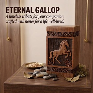 Hand-Carved American Style Wooden Urn <b>Box</b> Horse Design-Personalized <b>Memorial</b> Keepsake Eco-Friendly Durable 200-220 Cubic Inch - Product Image 4