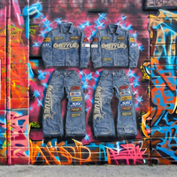 Ensemble de survêtement streetwear en jean délavé avec logo brodé personnalisé unisexe, veste d'hiver et pantalon en denim 100 % coton