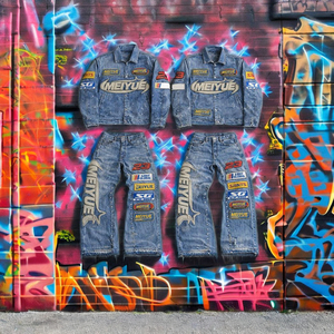 Custom Applique Embroidery Logo Unisex Embroidery Patch Acid Wash Winter <b>Jacket</b> <b>Denim</b> Jeans Set Streetwear 100% Cotton Tracksuit - Product Image 4