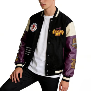 Chaqueta Varsity Fighting Ant para Hombre, Negra, Beige y Morada, de Cuero PU, con Parches Bordados, Diseño Casual para Otoño, con Botones - Product Image 3