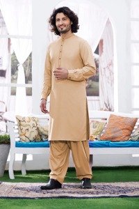 Men's Beige Cotton Kurta Long Sleeve Solid Color Regular Fit Casual Daily Wear <b>Ankle</b> Length Shirt Collar India Pakistan Style - Product Image 1