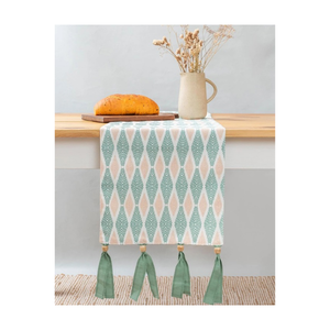 Bohemian 280 TC Textured Weave Durable Easy Wash Linen <b>Table</b> <b>Runner</b> With Geometric Pattern & Fringe Edge Washable For Home Decor - Product Image 4