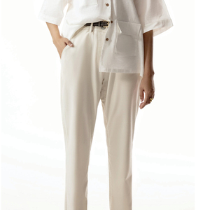 Pantalones de Pierna Recta Color Crema para Mujer, Cintura Media, Cierre de Botones, Corte Regular, Largos, de Algodón, Estilo Minimalista de Verano, Logotipo en la Pierna Derecha - Product Image 4