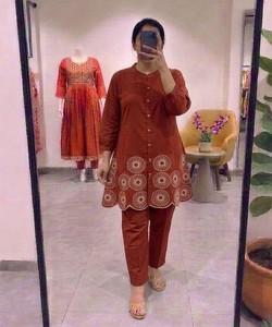 Women Cotton Kurta Set Floral Embroidery Loose Fit Midi Length Traditional Indian Pakistani Ethnic Casual Outfit SHAGUN 85370 - Product Image 1