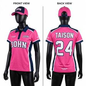 Premium 180 GSM Polyester Spandex <b>Bowling</b> Jersey Pink Navy Contrast Panel Polo Style Sublimation Custom Logo Team Wear - Product Image 1