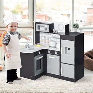 Cucina in legno per bambini e fontanella fingi giochi da cucina Set nero microonde e frigorifero con accessori inclusi - Product Image 2