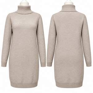 Women Beige Mock Neck Knitted <b>Dress</b> Long <b>Sleeve</b> Bodycon Sweater <b>Dress</b> Casual Solid Slim Fit - Product Image 1