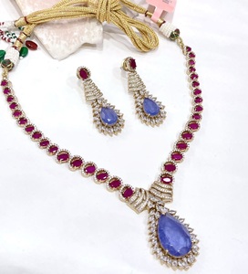 Attractive Premium Quality Brass Gold Plated CZ <b>Statement</b> Fusion Zircon <b>Necklace</b> Earrings Set Women's for Wedding Gift Party - Product Image 3