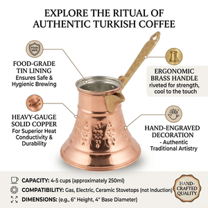 Cafetera Turca Tradicional de Cobre en Forma de Campana con Tapa Integrada, Cezve, Briki Griega para Estufa, Asa de Latón con Grabado Floral - Product Image 2