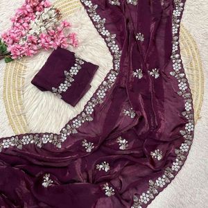 Nuevo Saree de Seda Satinada de Diseño Bollywood de Moda, Largo hasta el Suelo, de Secado Rápido, con Lentejuelas y Blusa Bordada con C Pallu - Product Image 5