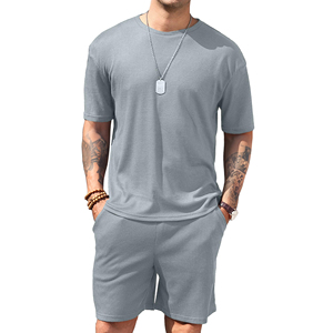 Ensemble T-shirt et short gaufré pour homme, vert uni, col rond, décontracté, respirant, en coton, deux pièces, vente en gros - Product Image 4